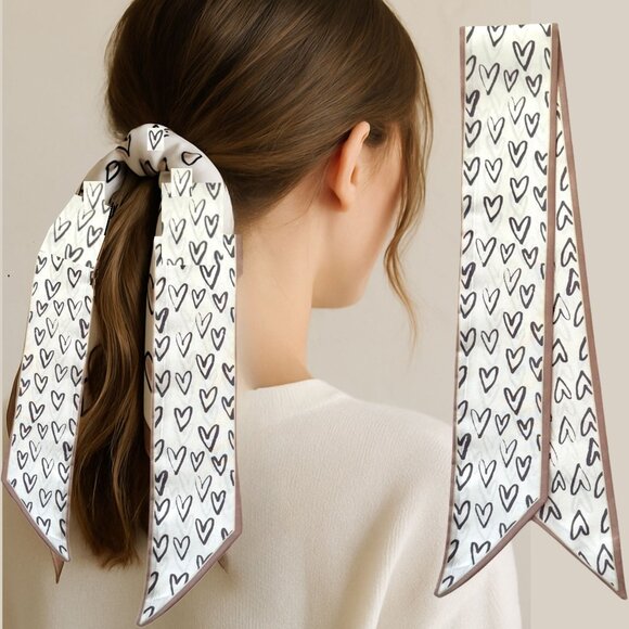 Slim Scarf Heart Print 34in White Brown Sketched Hearts Cute Style Neutral No68 - Picture 1 of 9